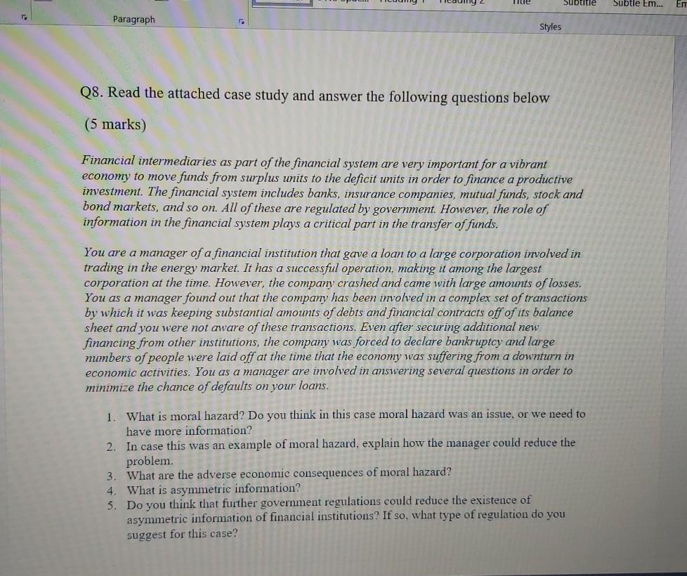  he Subtitle Subtle Em... Em Paragraph Styles Q8. Read the attached