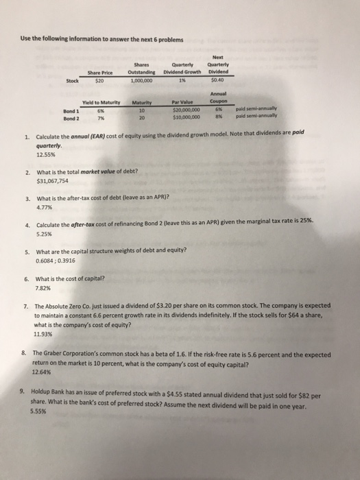  Use the following information to answer the next 6 problems Calculate