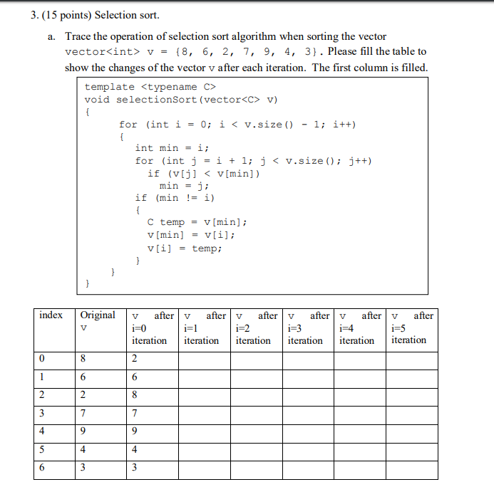  3. (15 points) Selection sort. Trace the operation of selection sort