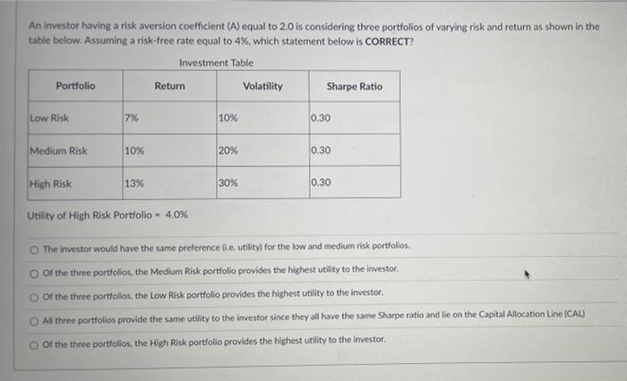  An investor having a risk aversion coefficient (A) equal to 2.0