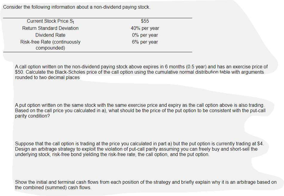 Solve this with relevant working Consider the following information about a non-dividend