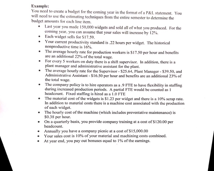  Example You need to create a budget for the coming year