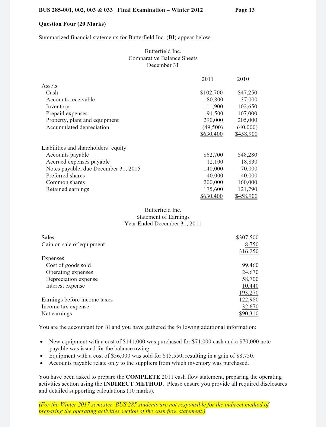 BUS 285-001, 002, 003 & 033 Final Examination - Winter 2012