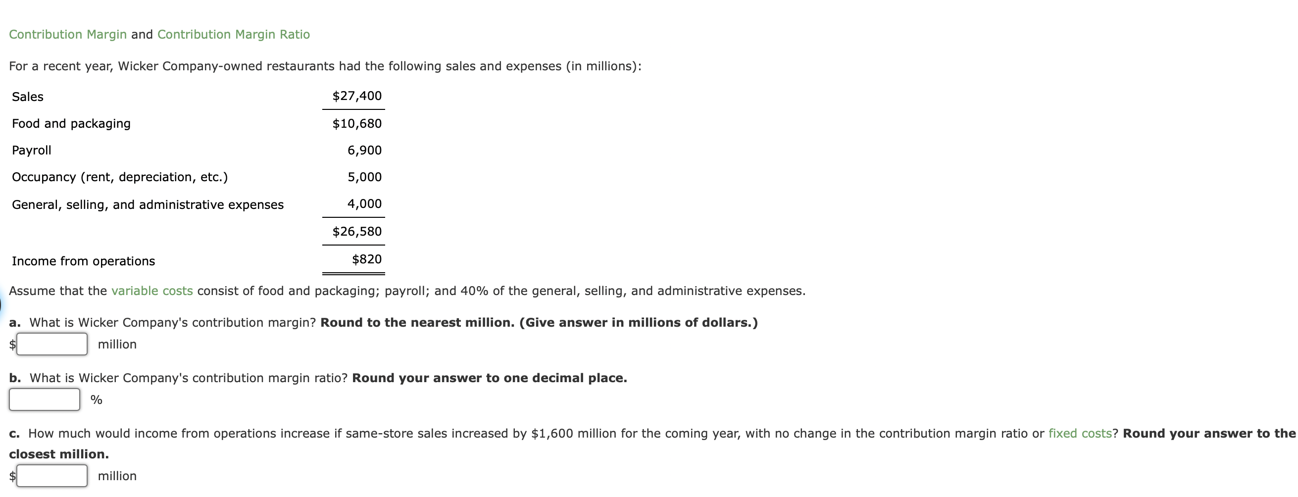  Contribution Margin and Contribution Margin Ratio For a recent year, Wicker