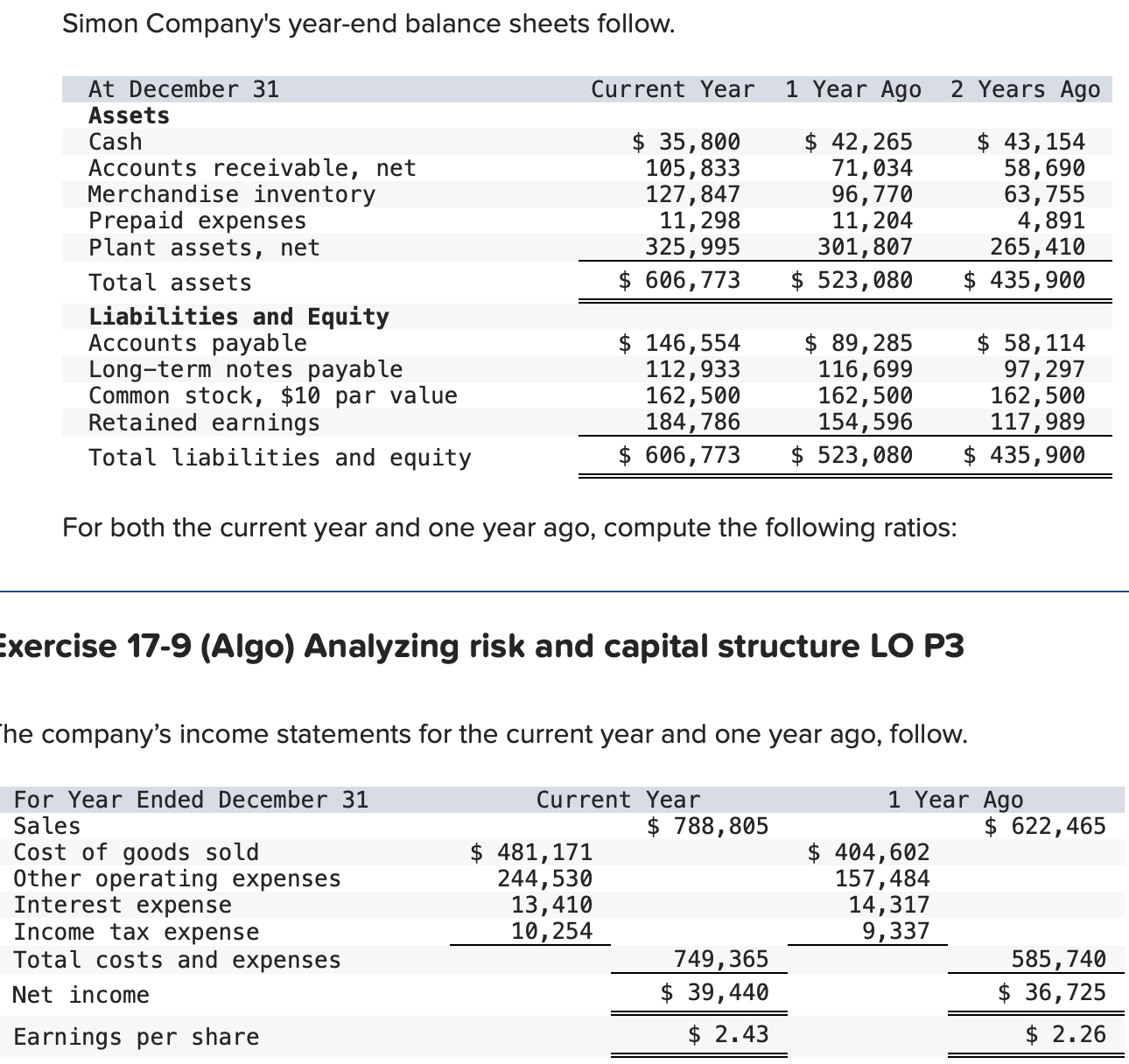 with explanation please Compute times interest earned for the current year and
