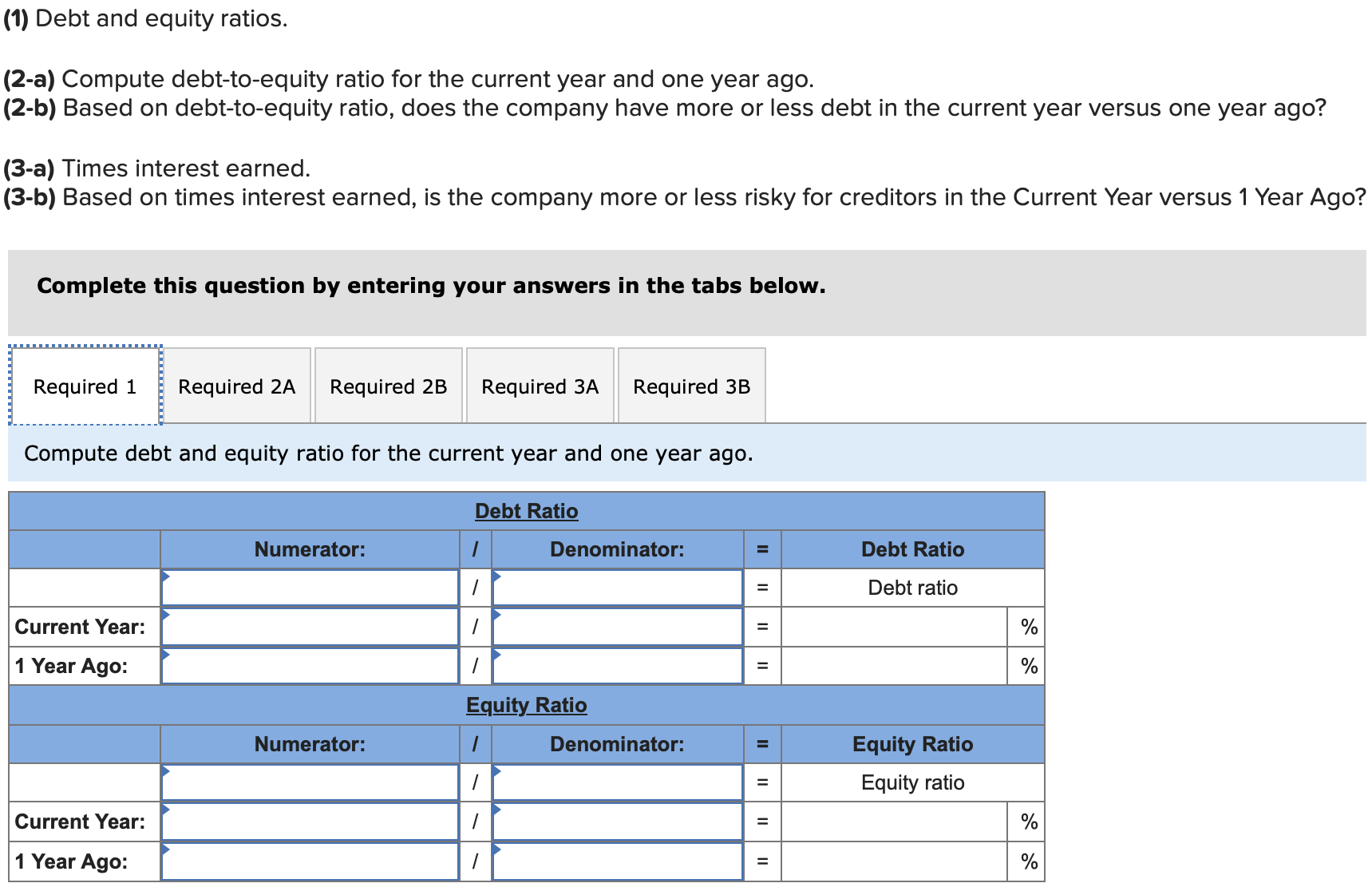 one year ago. Compute debt-to-equity ratio for the current year and one