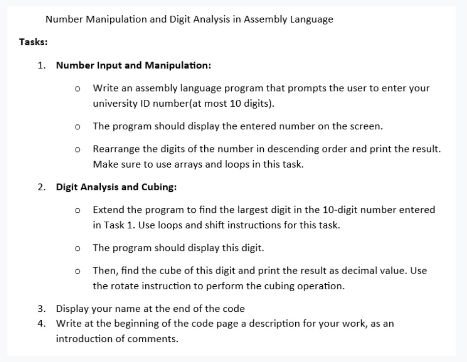  Number Manipulation and Digit Analysis in Assembly Language Tasks: Number Input