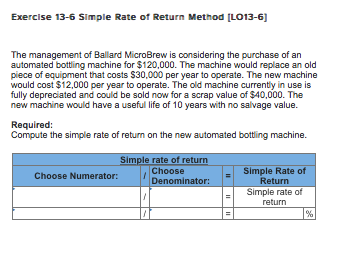  Exercise 13-6 Simple Rate of Return Method [LO13-6] The management of