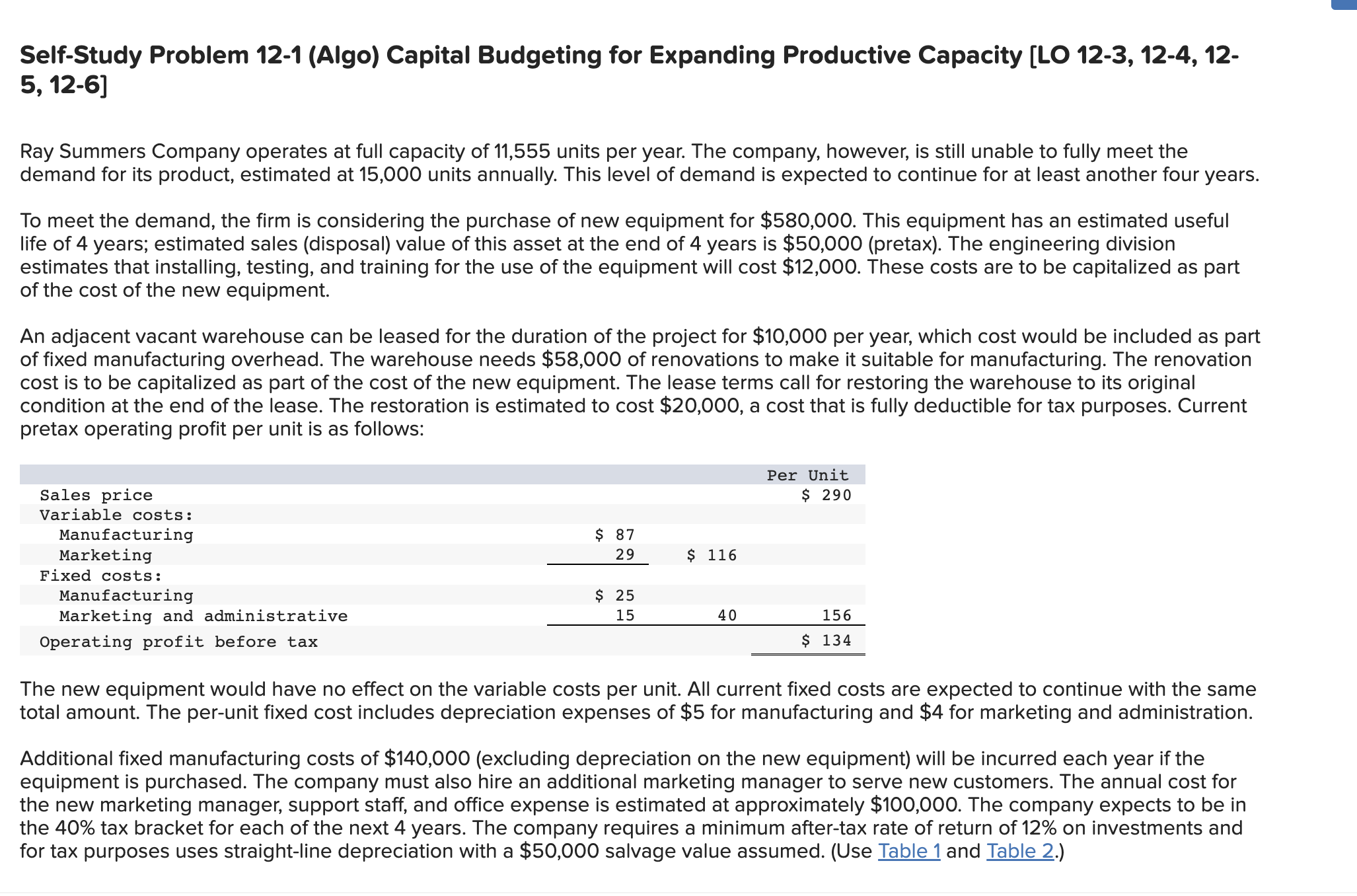  Self-Study Problem 12-1 (Algo) Capital Budgeting for Expanding Productive Capacity [LO