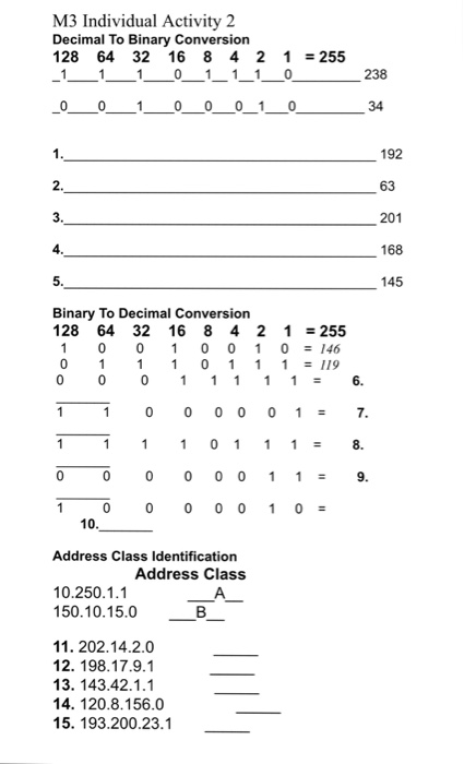  M3 Individual Activity 2 Decimal To Binary Conversion 128 64 32