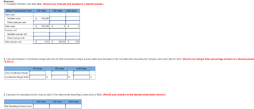 Required: 1. Complete Presidios cost data table. (Round your Cost per Unit