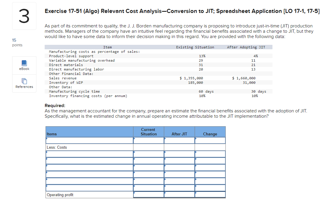  Exercise 17-51 (Algo) Relevant Cost Analysis-Conversion to JIT; Spreadsheet Application [LO