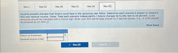 percent Required: 1. Determine Solano's return on investment (ROD), investment turnover, profit