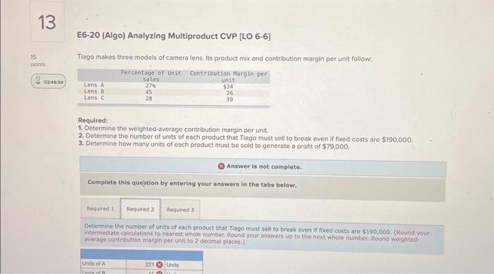  E6-20 (Algo) Analyzing Multiproduct CVP [LO 6-6] Tiago makes three models