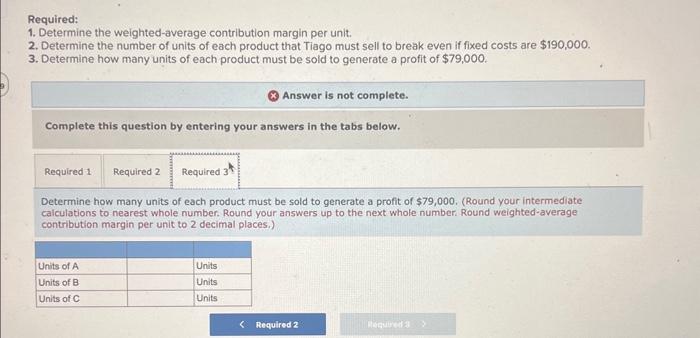 Required: 1. Determine the weighted-average contribution margin per unit 2. Determine the