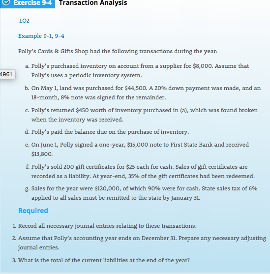 Exercise 9-4 Transaction Analysis LO2 Example 9-1, 9-4 Polly's Cards &