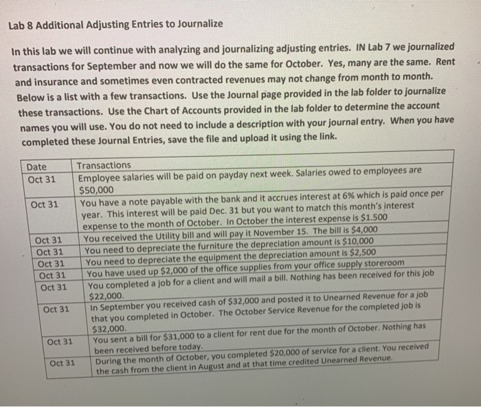  Lab 8 Additional Adjusting Entries to Journalize In this lab we