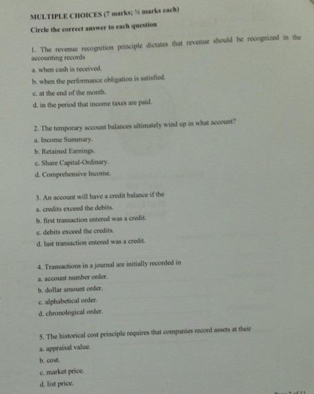  MULTIPLE CHOICES (7 marks; % marks each) Circle the correct answer