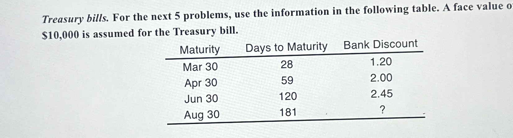  Treasury bills. For the next 5 problems, use the information in