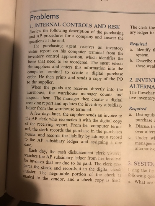  Problems INTERNAL CONTROLS AND RISK The clerk the ary ledger to
