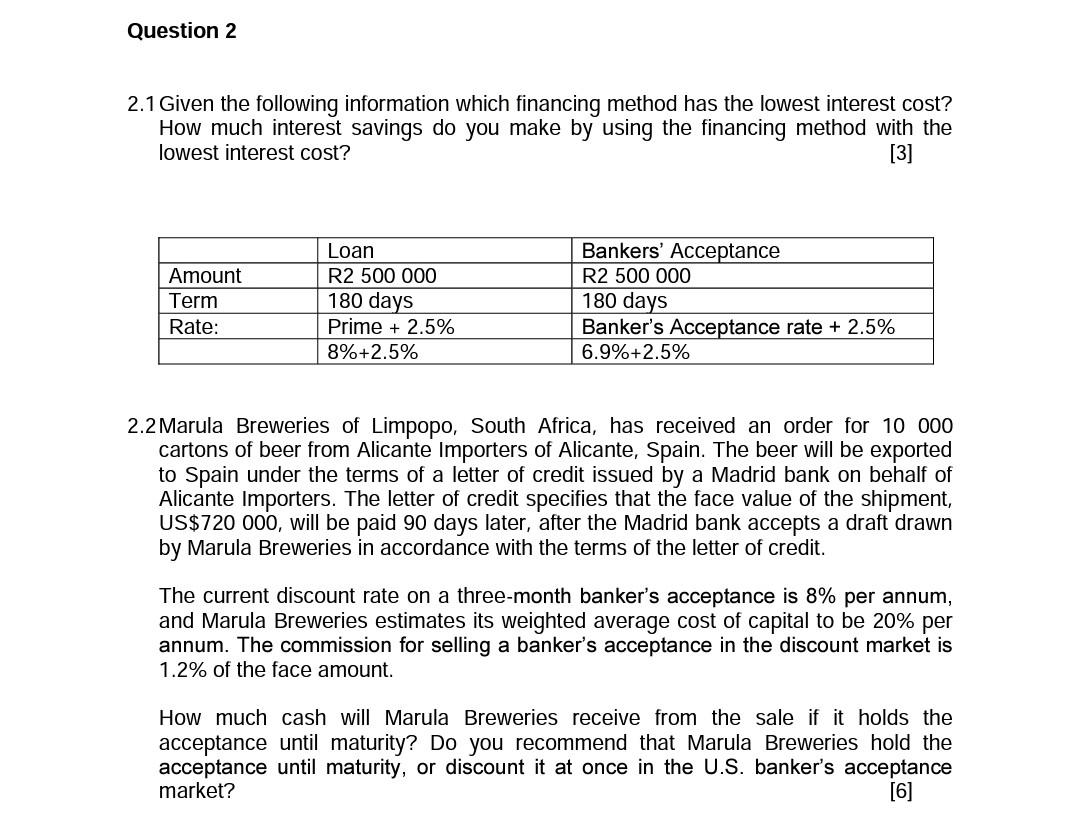 Question 2 2.1 Given the following information which financing method has