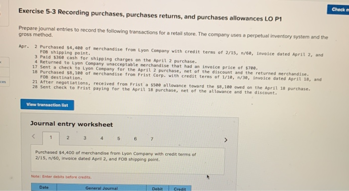  Check Exercise 5-3 Recording purchases, purchases returns, and purchases allowances LO