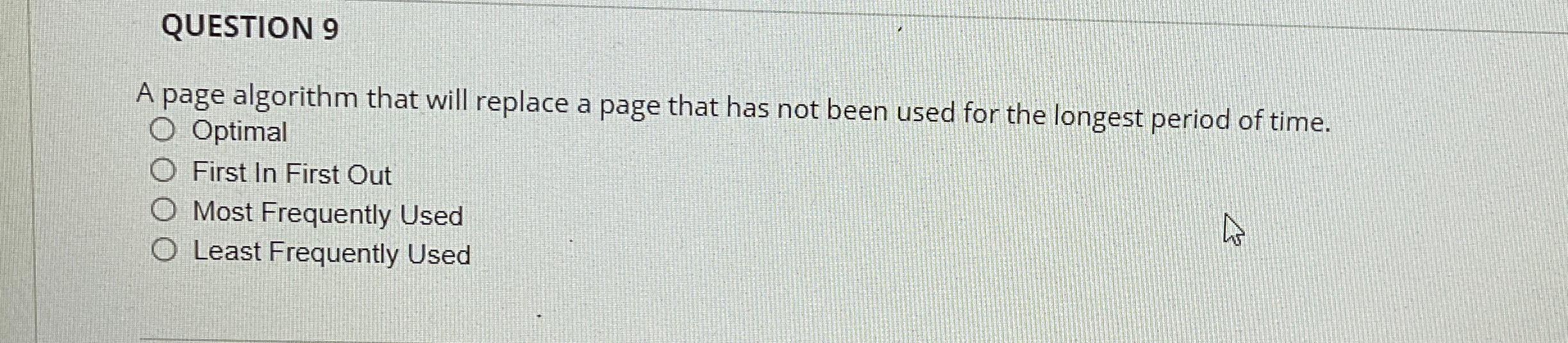  QUESTION 9 A page algorithm that will replace a page that