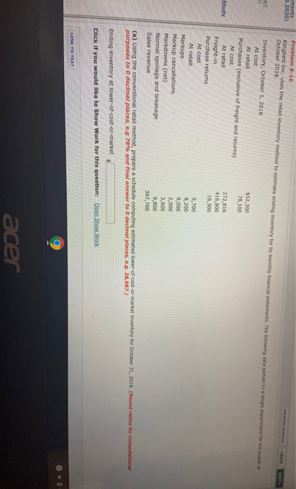 ending Inventory for its monthly financial statements. The following data pertain to