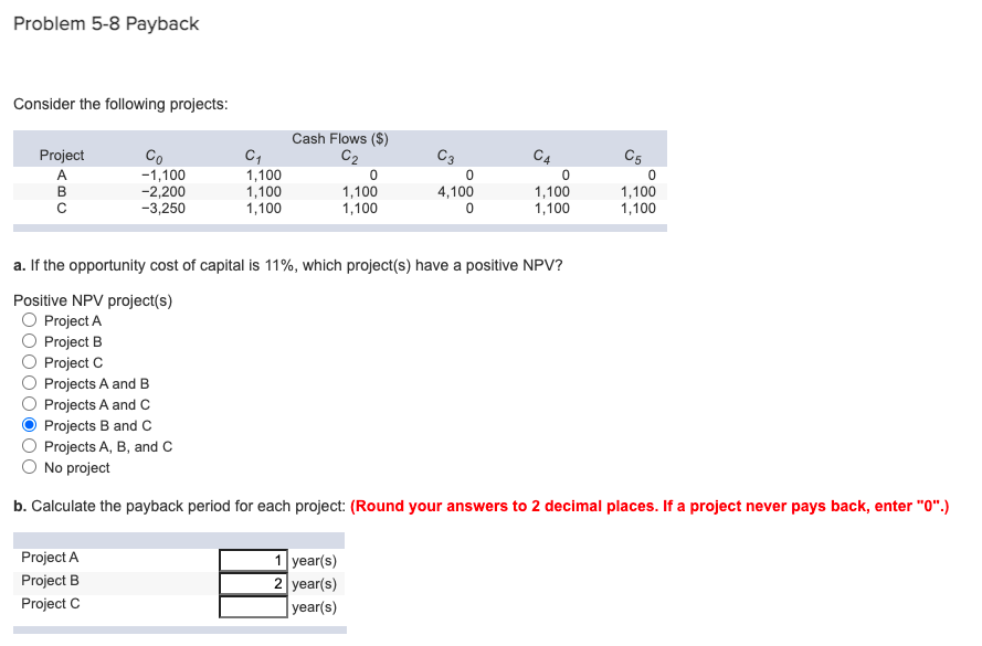 Problem 5-8 Payback Consider the following projects: Cash Flows ($) C2