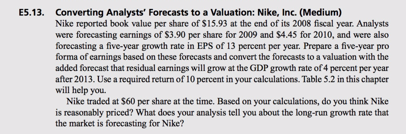 E5.13. Converting Analysts' Forecasts to a Valuation: Nike, Inc. (Medium) Nike