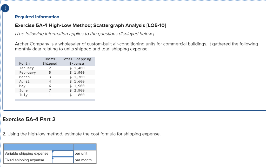  Required information Exercise 5A-4 High-Low Method; Scattergraph Analysis (LO5-10] (The following