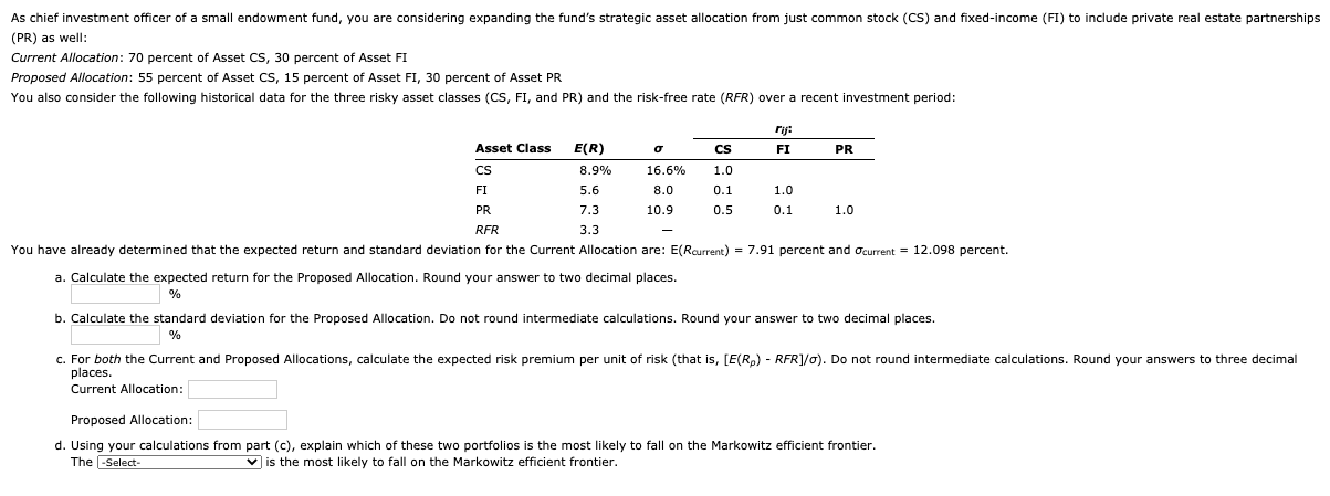 The drop-down selections for D. are current allocation portfolio and proposed allocation