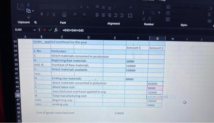 beginning inventory of finished goods & 260000 \\ \hline Less: & ending