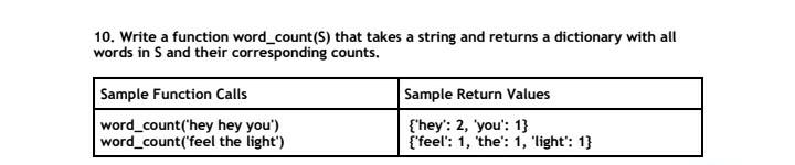  10. Write a function word_count(s) that takes a string and returns
