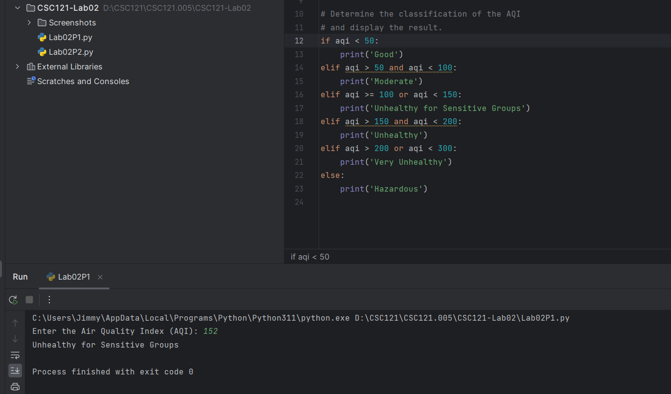  Computer ProgrammingPROBLEM 1 CSC121-Lab02 D:ICSC121\CSC121.005\CSC121-Lab02 > Screenshots Lab02P1.py Lab02P2.py > External
