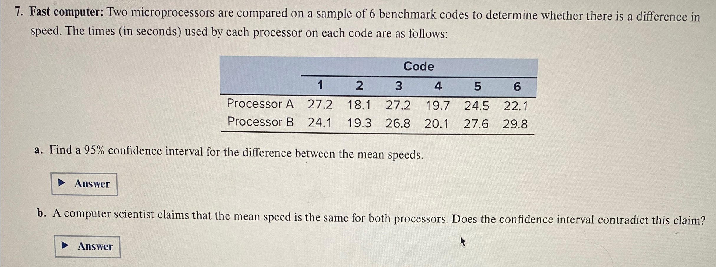  Fast computer: Two microprocessors are compared on a sample of 6