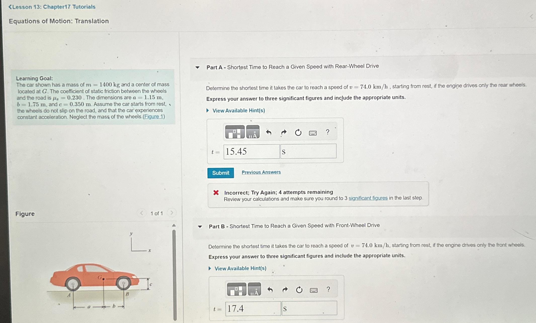  Gs=0.230a=1.15mb=1.75mc=0.350mv=74.0kmht=v=74.0kmht=m=1400kg and a center of mass located atG. The coefficient of