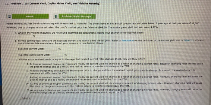  10. Problem 7.10 (Current Yield, Capital Gains Yield, and Yield to