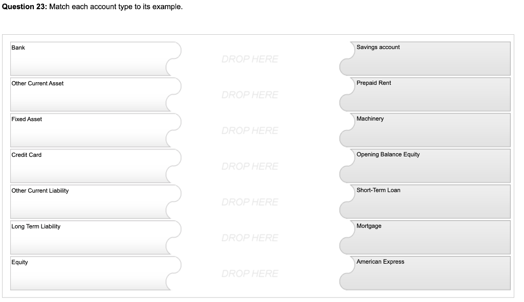  Question 23: Match each account type to its example. Bank Savings
