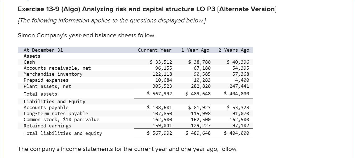 Exercise 13-9 (Algo) Analyzing risk and capital structure LO P3 [Alternate