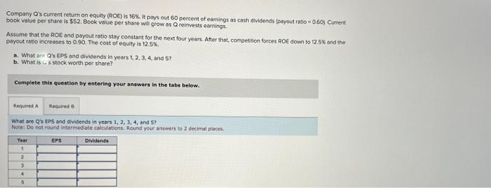  Company Q's current return on equity (ROE) is 16% it pays