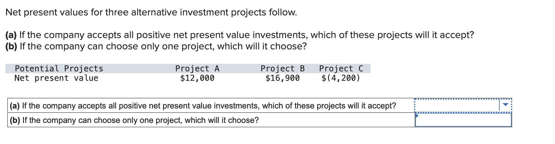 PLEASE HELP!! Net present values for three alternative investment projects follow. (a)