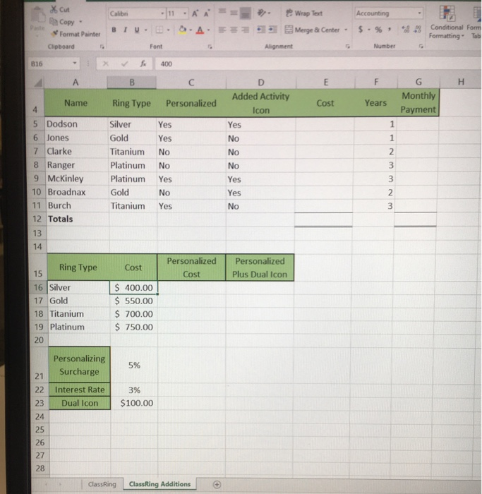  Use the ClassRing Additions worksheet to complete the following additional steps: