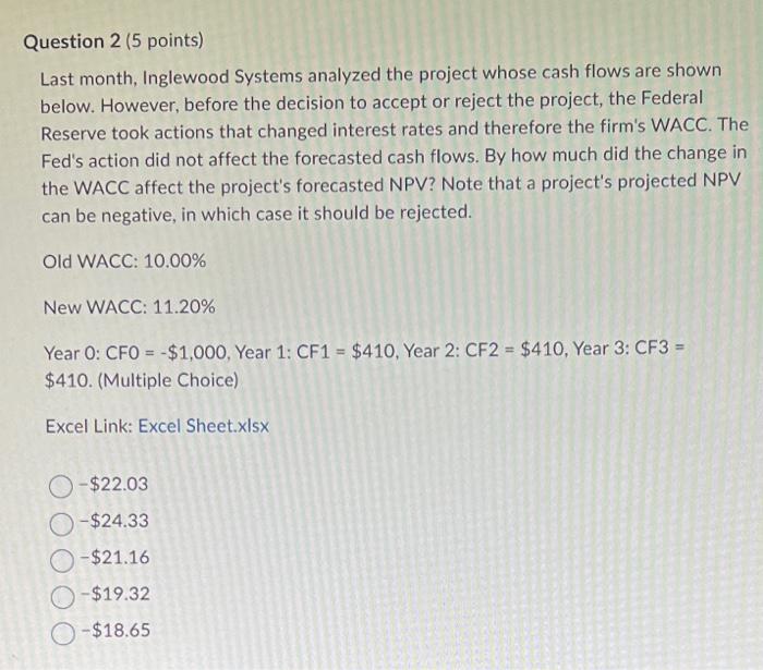  Last month, Inglewood Systems analyzed the project whose cash flows are