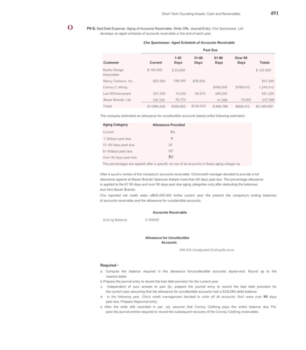 Need Short Term Orting Assets Cash and Receivables 491 0 P9-5. Bad