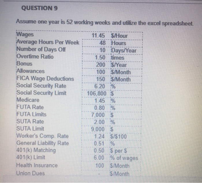  QUESTION 9 Assume one year is 52 working weeks and utilize
