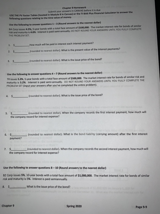  1-8 please Chapter 9 Homework Submit your answers in CANVAS before