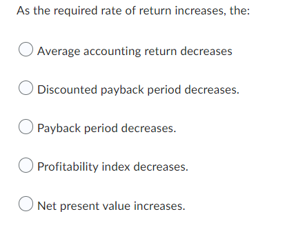  As the required rate of return increases, the: O Average accounting