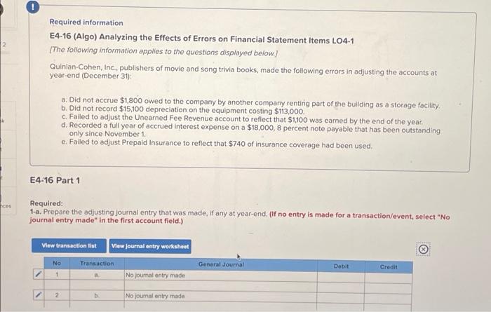  2 Required information E4-16 (Algo) Analyzing the Effects of Errors on