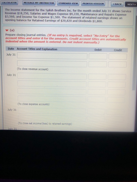  CALCULATOR MESSAGE MY NSTRUCTOR STANDARD VIEW PRINTER VERSION BACK NEXT The